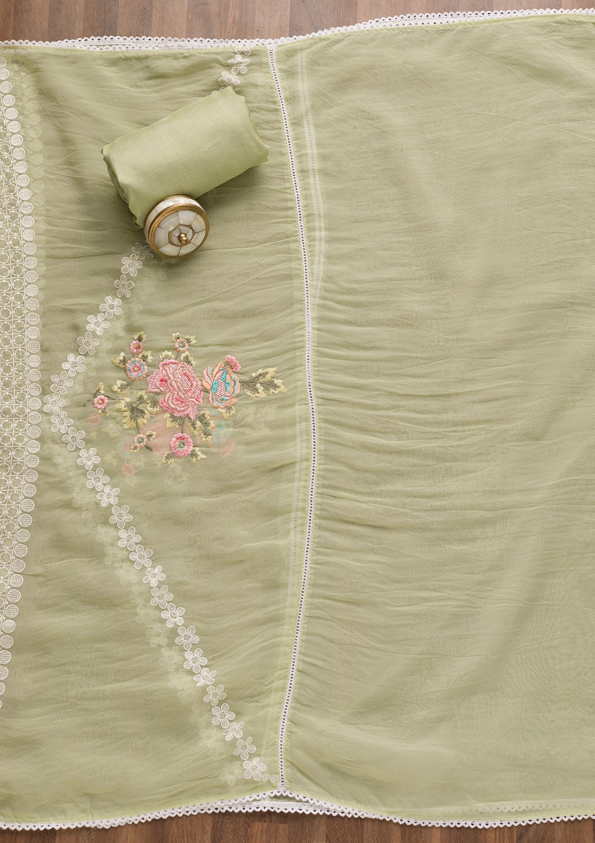 Pista Green Threadwork Tissue Unstitched Salwar Suit-Koskii