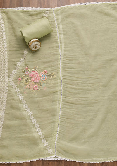 Pista Green Threadwork Tissue Unstitched Salwar Suit-Koskii
