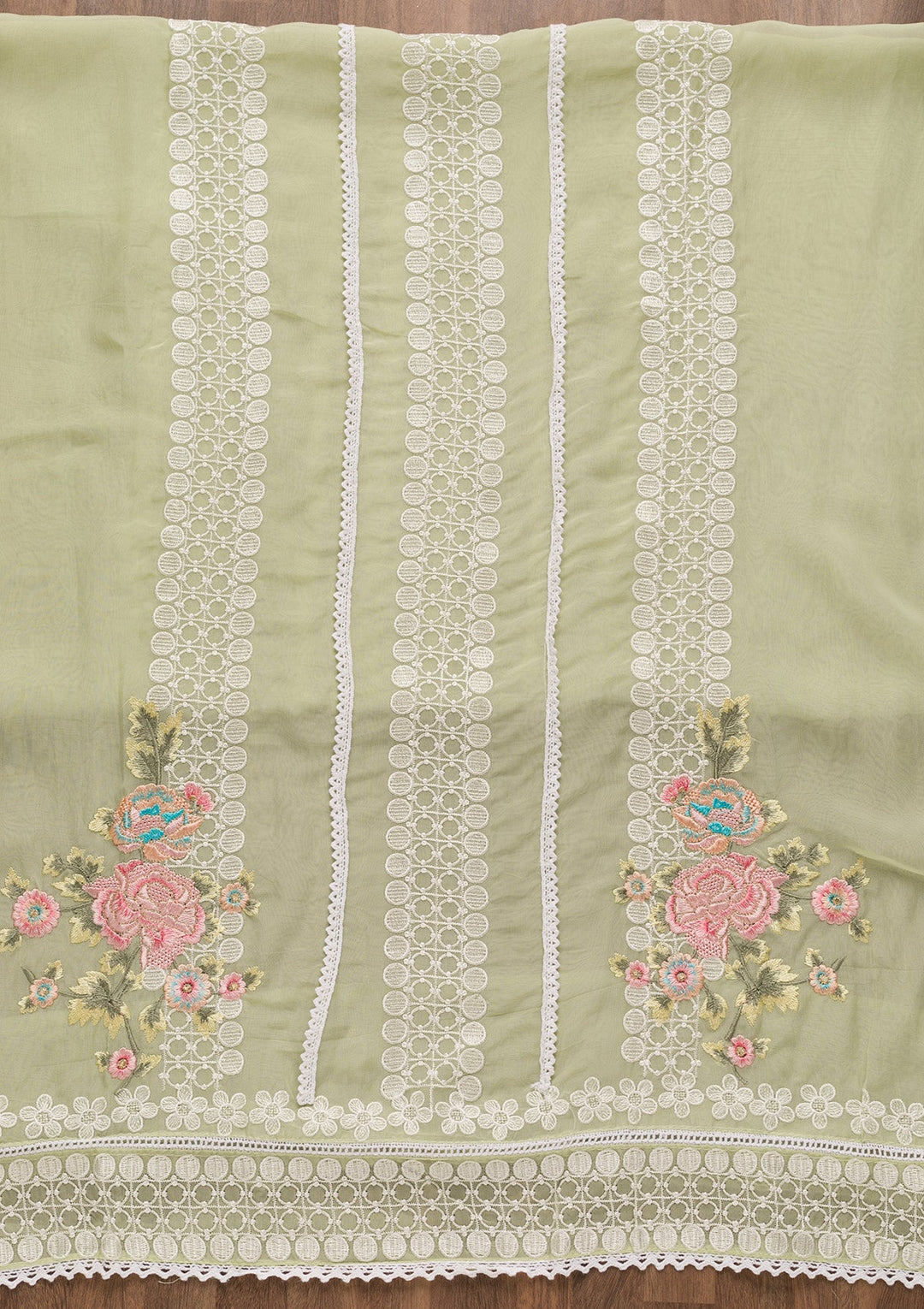 Pista Green Threadwork Tissue Unstitched Salwar Suit-Koskii