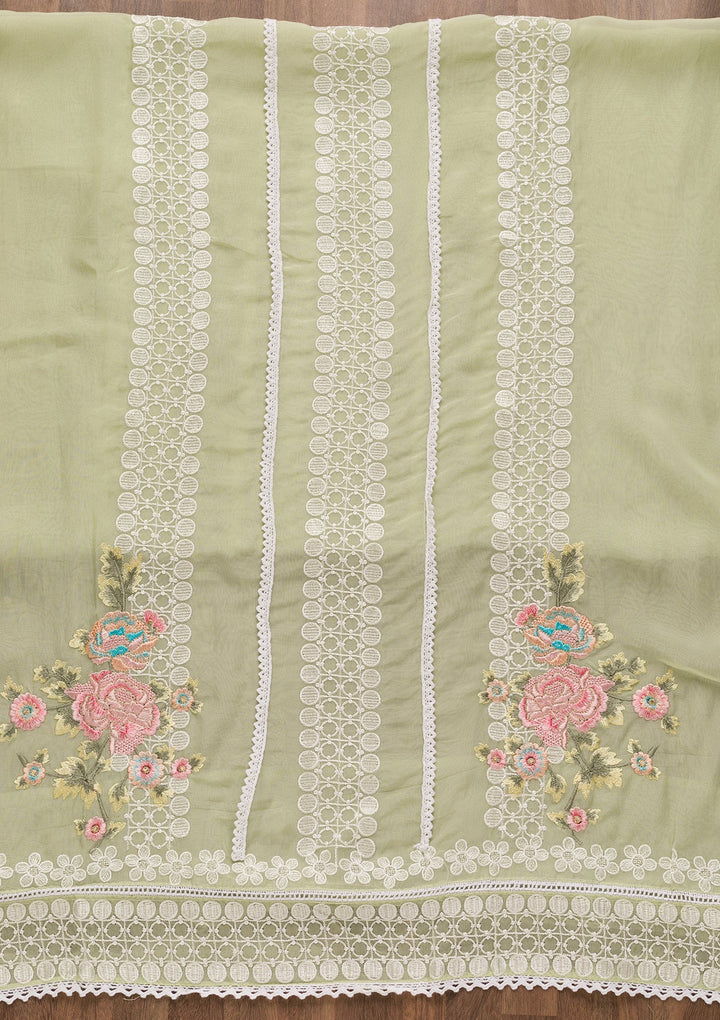 Pista Green Threadwork Tissue Unstitched Salwar Suit-Koskii