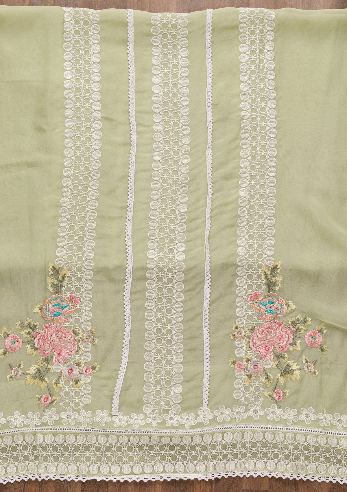 Pista Green Threadwork Tissue Unstitched Salwar Suit-Koskii