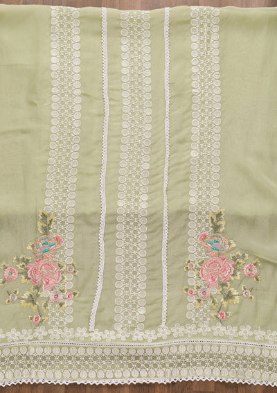 Pista Green Threadwork Tissue Unstitched Salwar Suit-Koskii