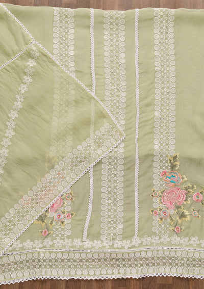 Pista Green Threadwork Tissue Unstitched Salwar Suit-Koskii