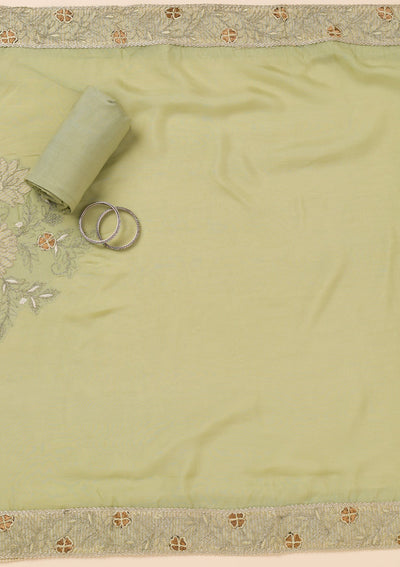 Pista Green Threadwork Tissue Unstitched Salwar Suit-Koskii