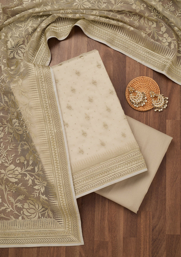 Pista Green Threadwork Tissue Unstitched Salwar Suit-Koskii