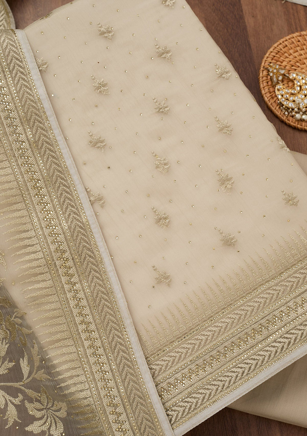 Pista Green Threadwork Tissue Unstitched Salwar Suit-Koskii