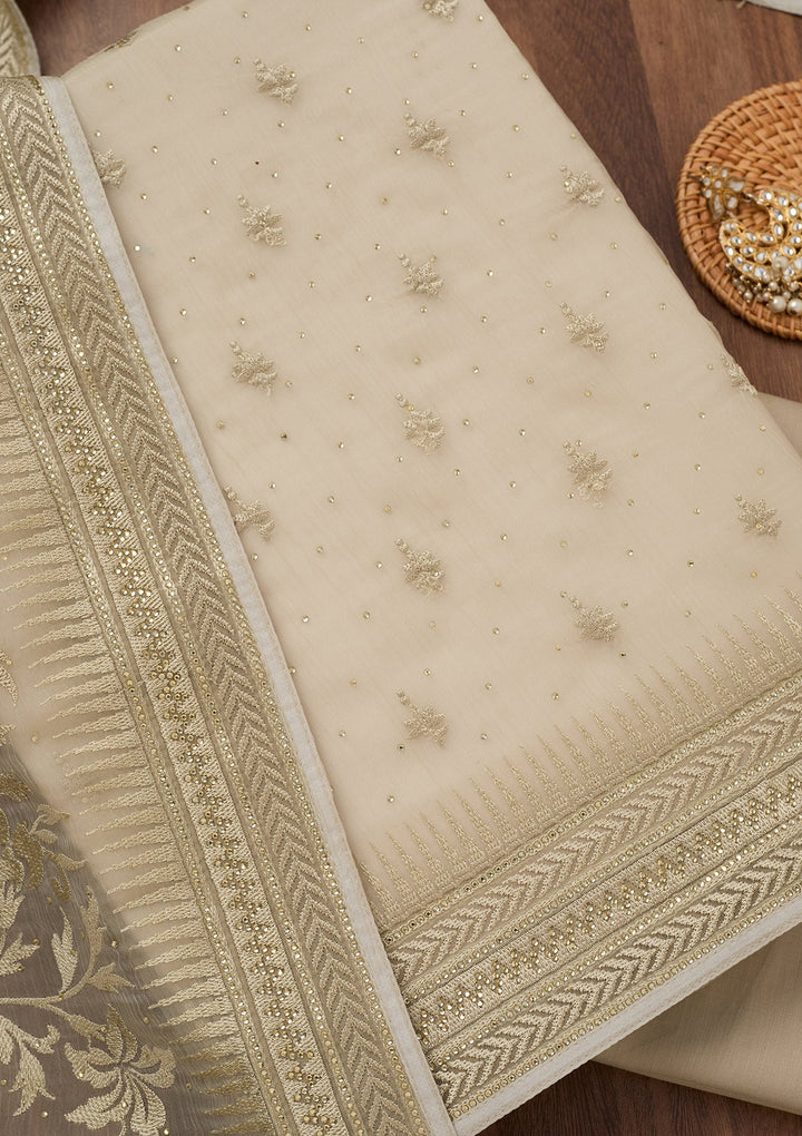 Pista Green Threadwork Tissue Unstitched Salwar Suit-Koskii