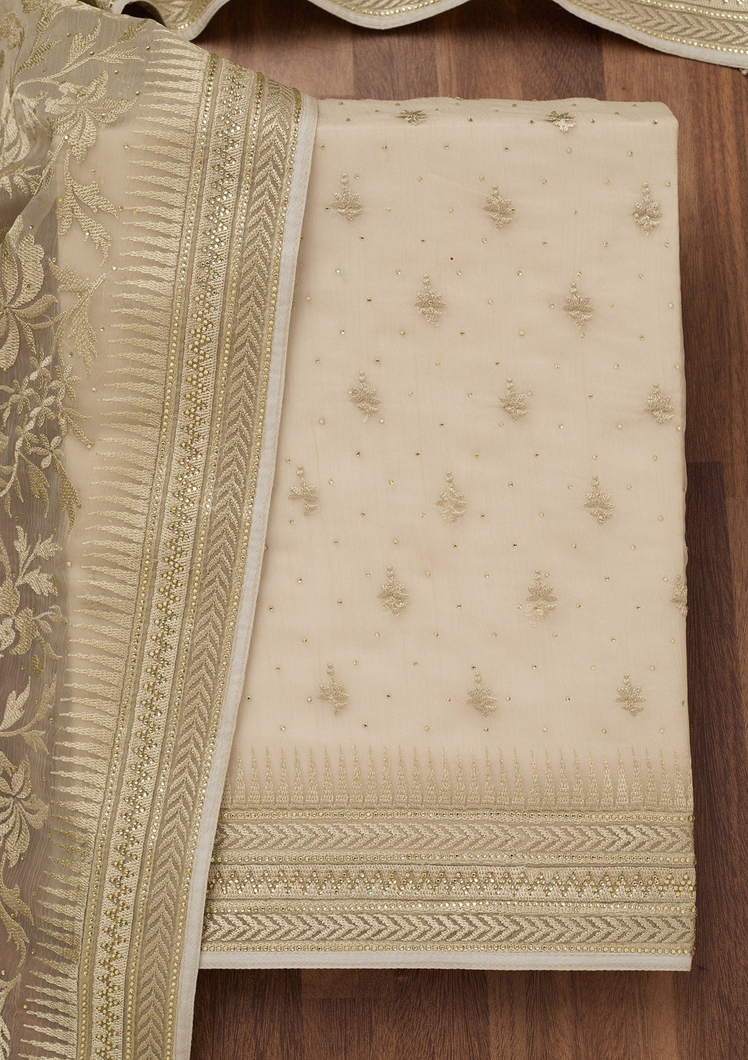 Pista Green Threadwork Tissue Unstitched Salwar Suit-Koskii