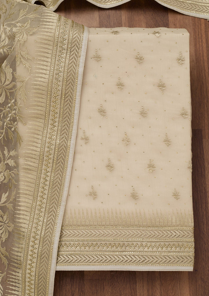 Pista Green Threadwork Tissue Unstitched Salwar Suit-Koskii