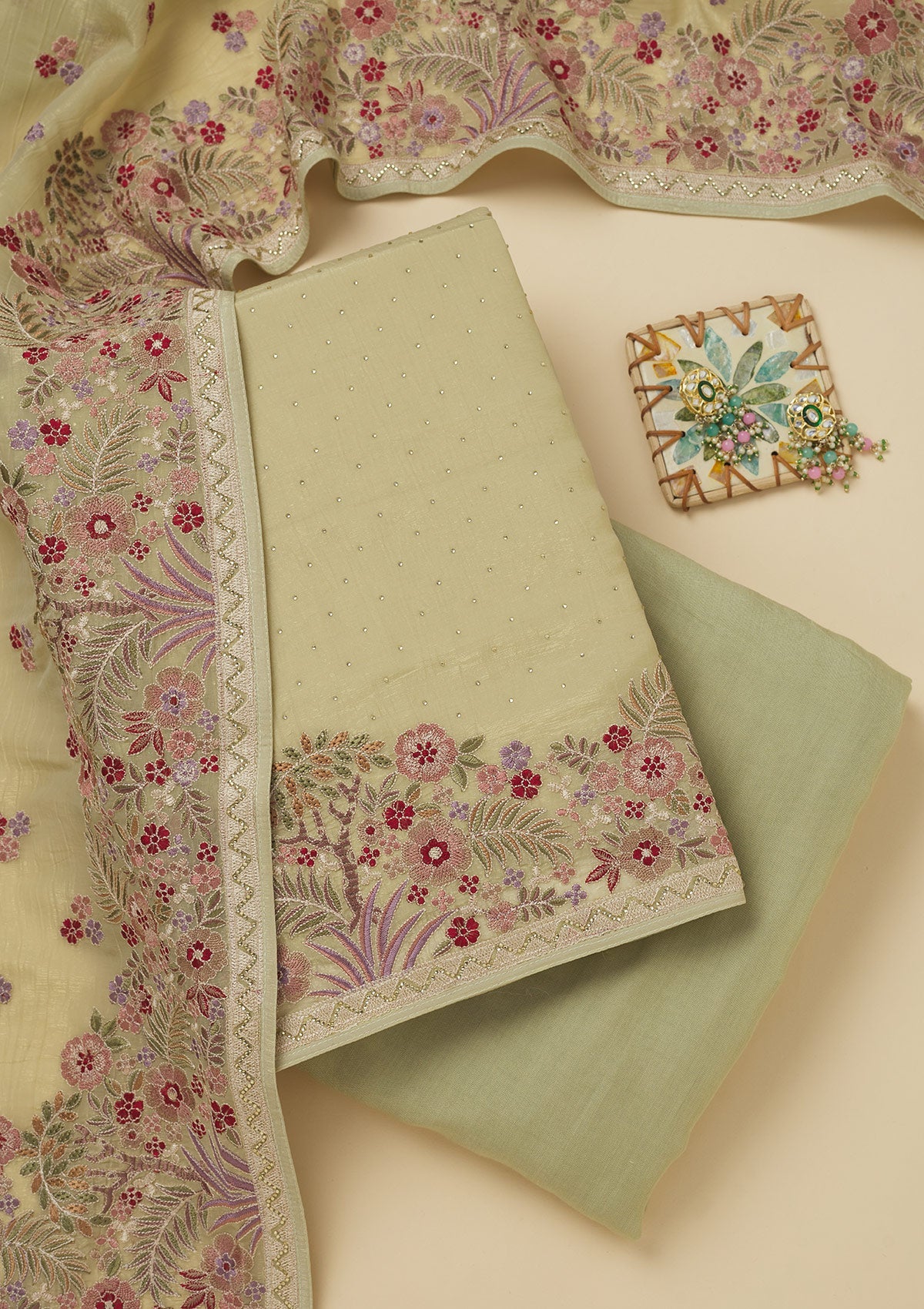 Pista Green Threadwork Tissue Unstitched Salwar Suit-Koskii
