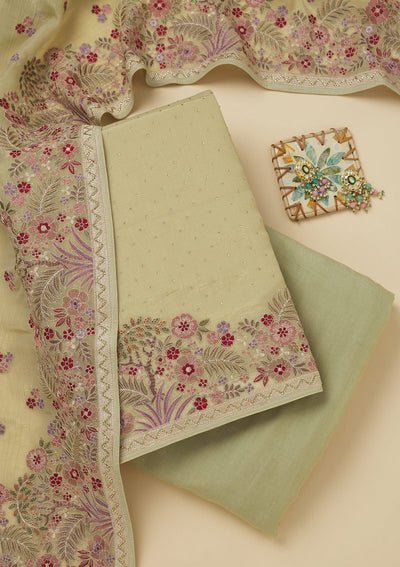 Pista Green Threadwork Tissue Unstitched Salwar Suit-Koskii