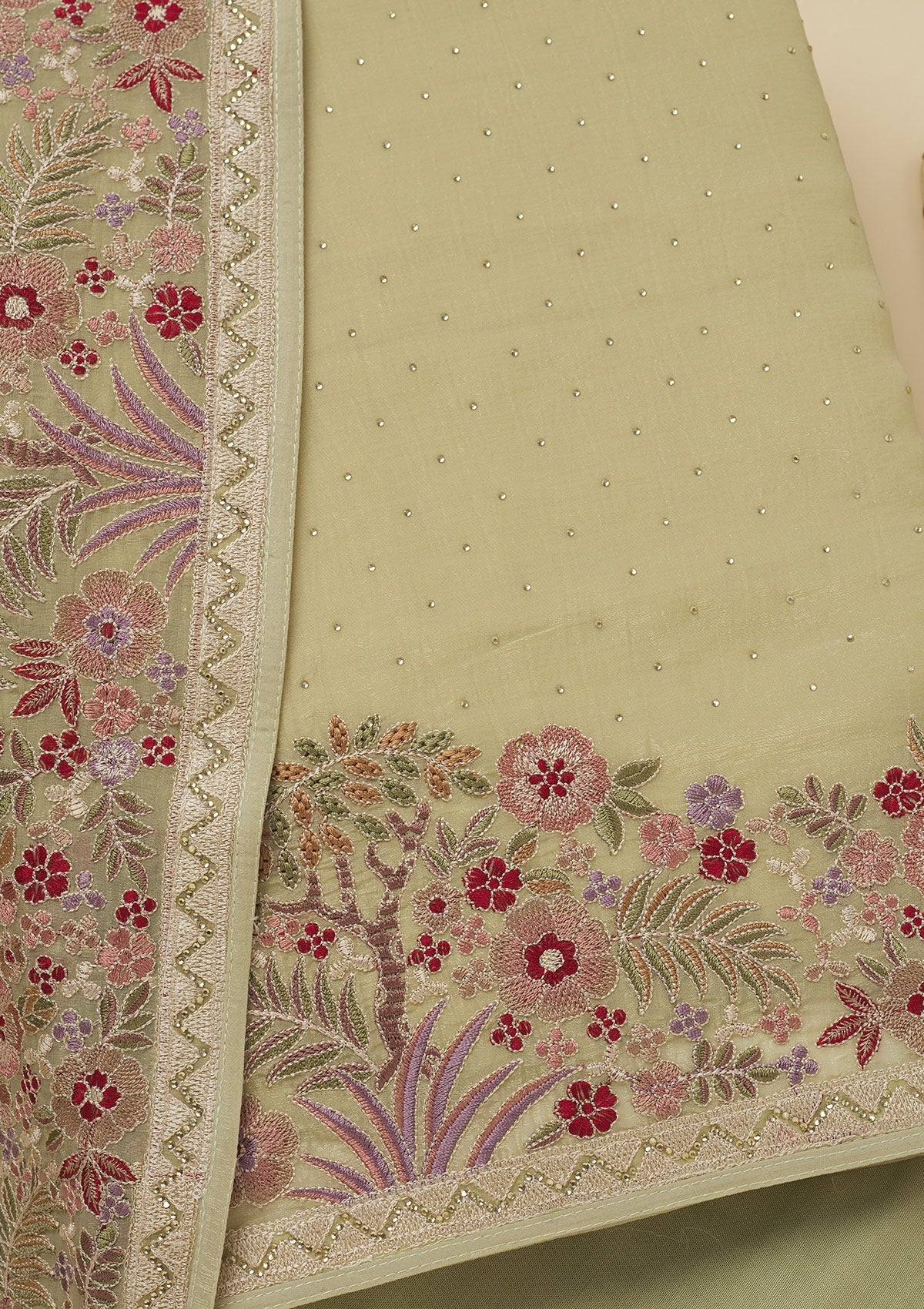 Pista Green Threadwork Tissue Unstitched Salwar Suit-Koskii