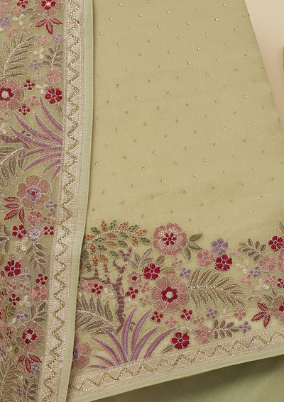 Pista Green Threadwork Tissue Unstitched Salwar Suit-Koskii
