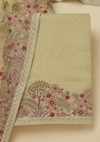 Pista Green Threadwork Tissue Unstitched Salwar Suit-Koskii