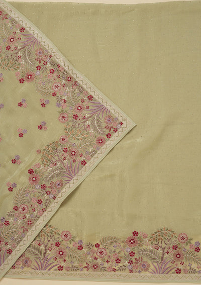 Pista Green Threadwork Tissue Unstitched Salwar Suit-Koskii