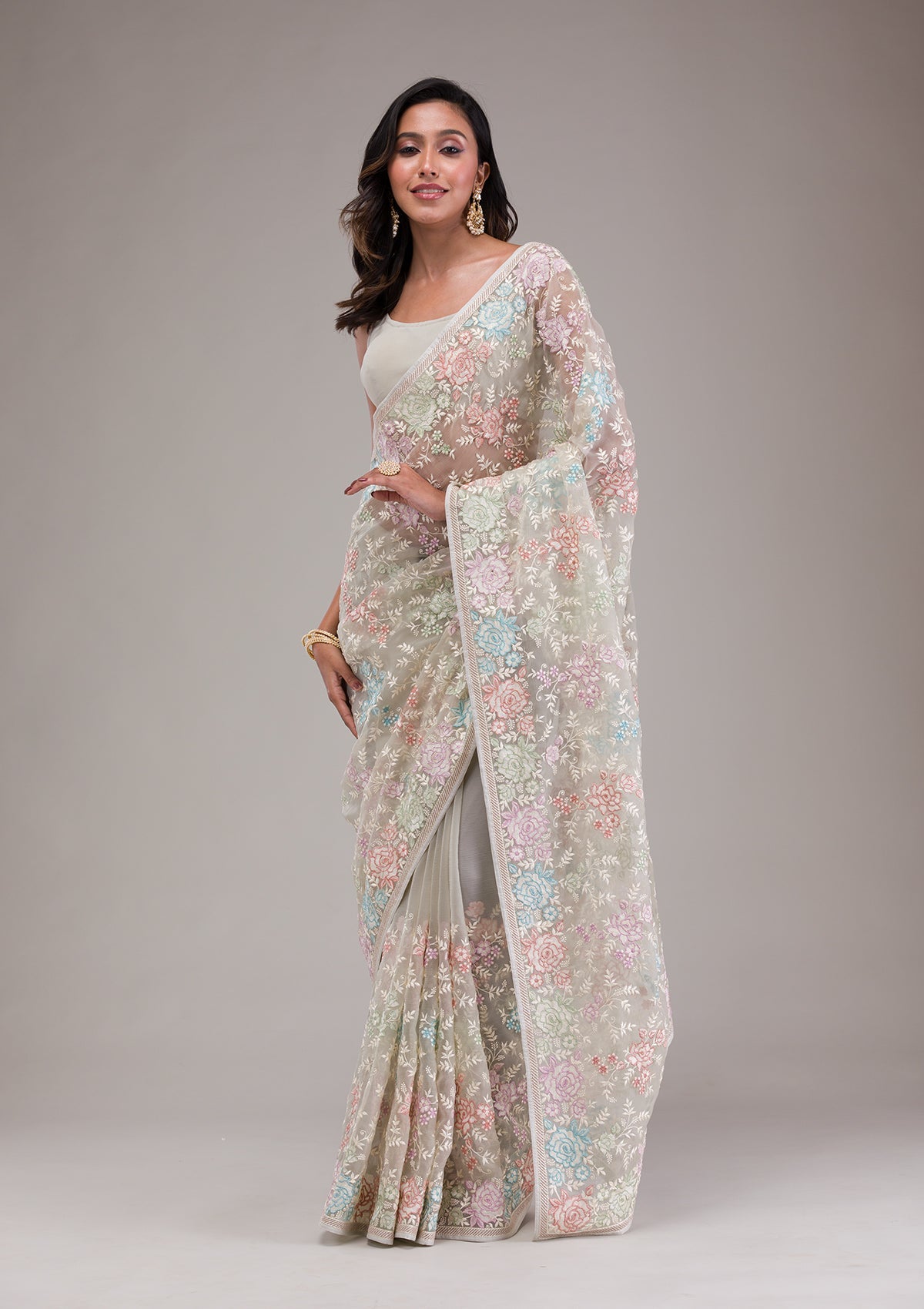 Pista Green Threadwork Tissue Saree-Koskii