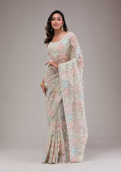 Pista Green Threadwork Tissue Saree-Koskii