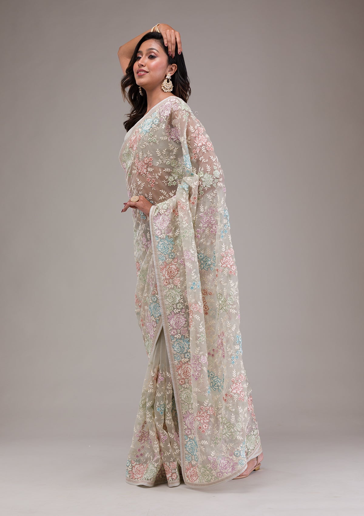Pista Green Threadwork Tissue Saree-Koskii