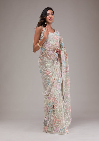 Pista Green Threadwork Tissue Saree-Koskii