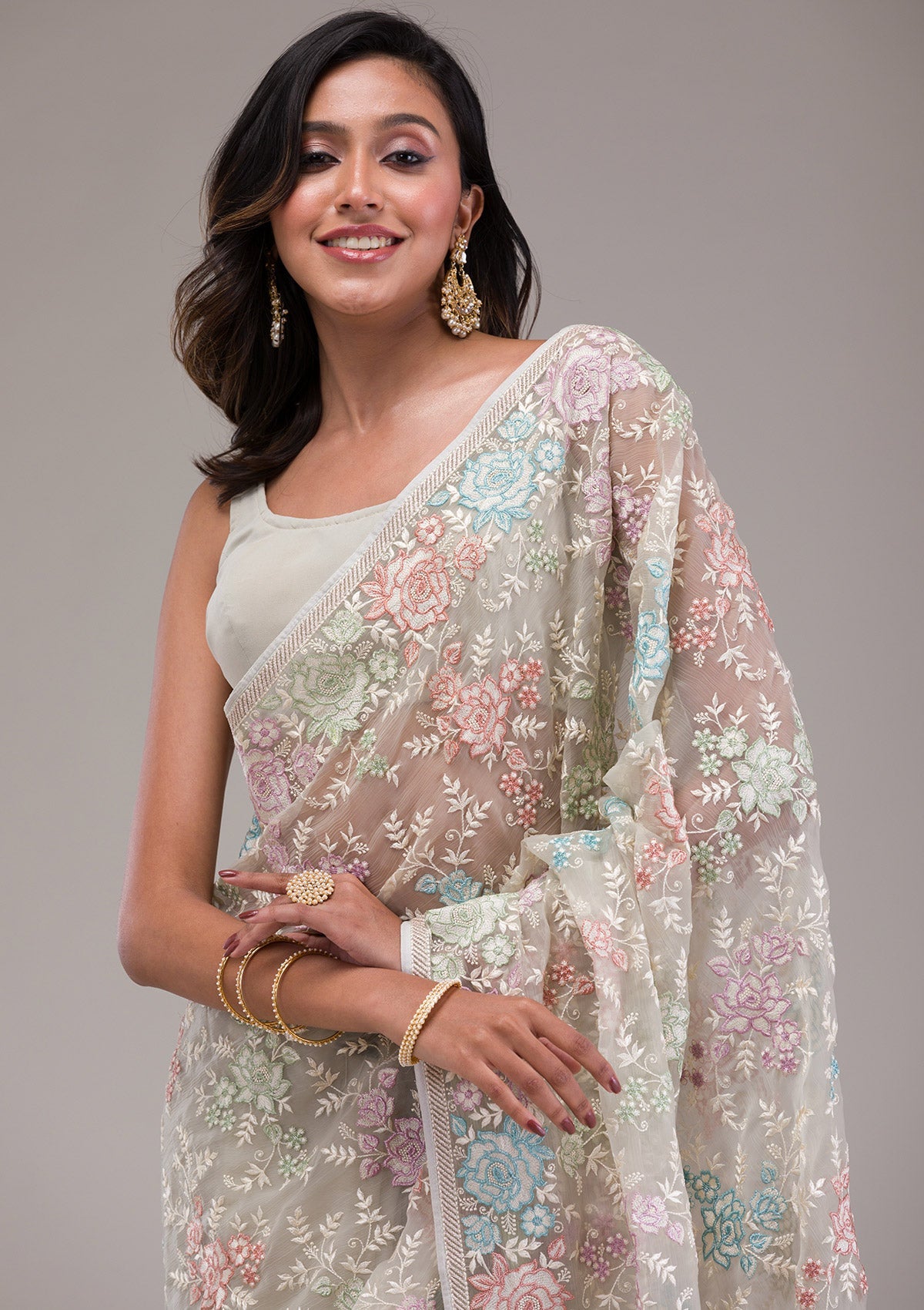 Pista Green Threadwork Tissue Saree-Koskii