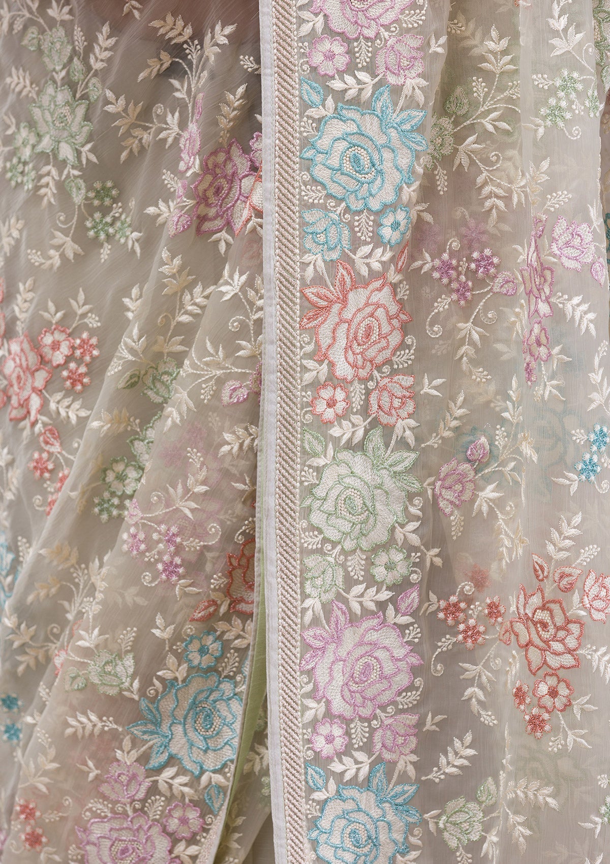 Pista Green Threadwork Tissue Saree-Koskii