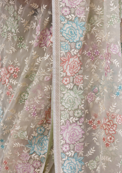 Pista Green Threadwork Tissue Saree-Koskii