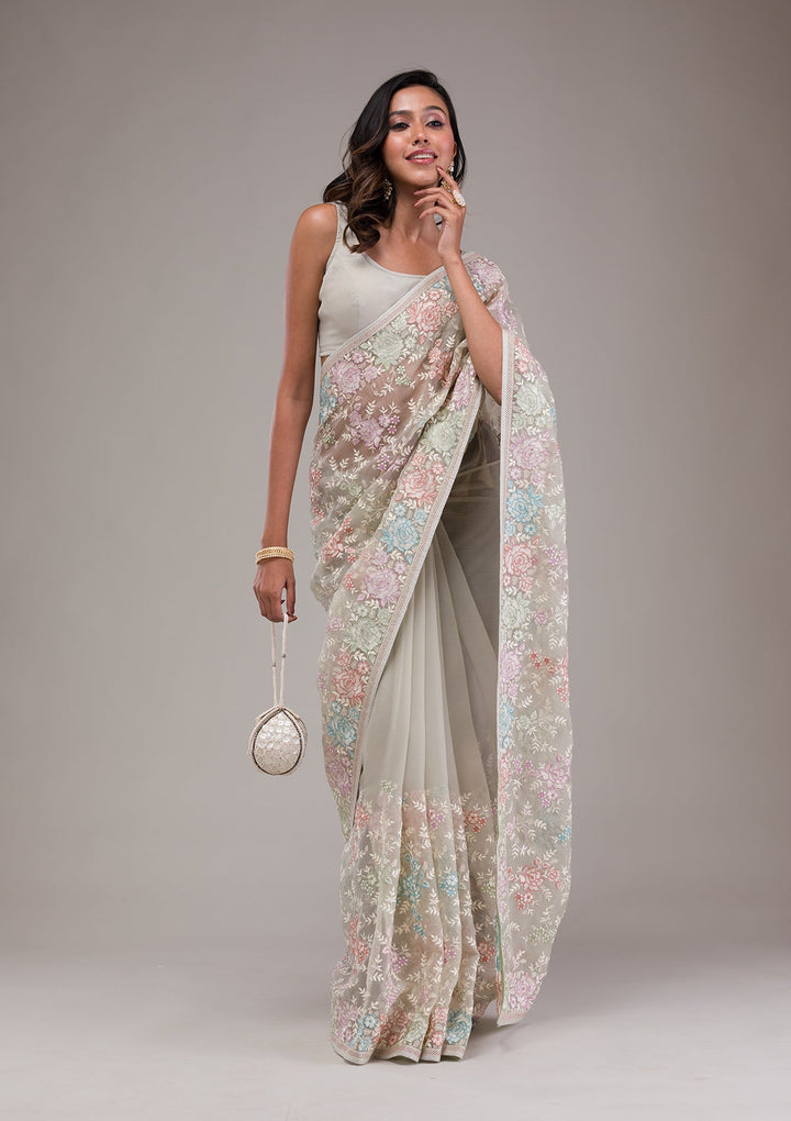 Pista Green Threadwork Tissue Saree-Koskii