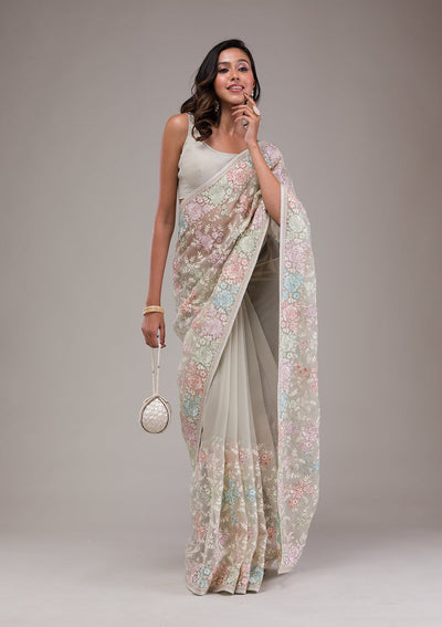 Pista Green Threadwork Tissue Saree-Koskii