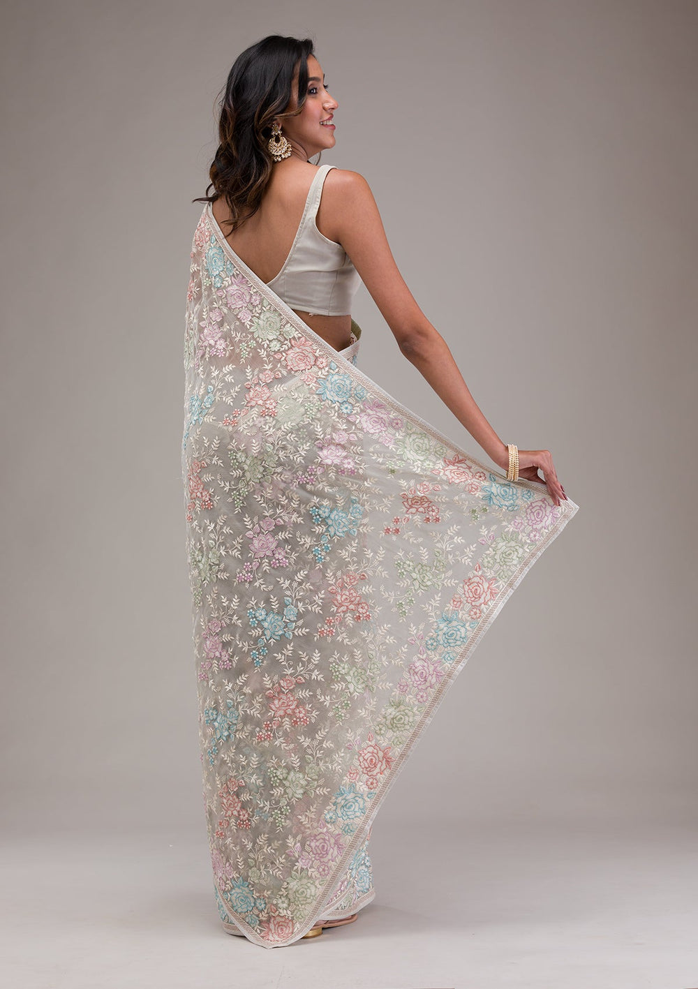 Pista Green Threadwork Tissue Saree-Koskii