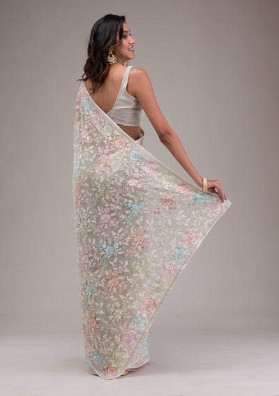 Pista Green Threadwork Tissue Saree-Koskii