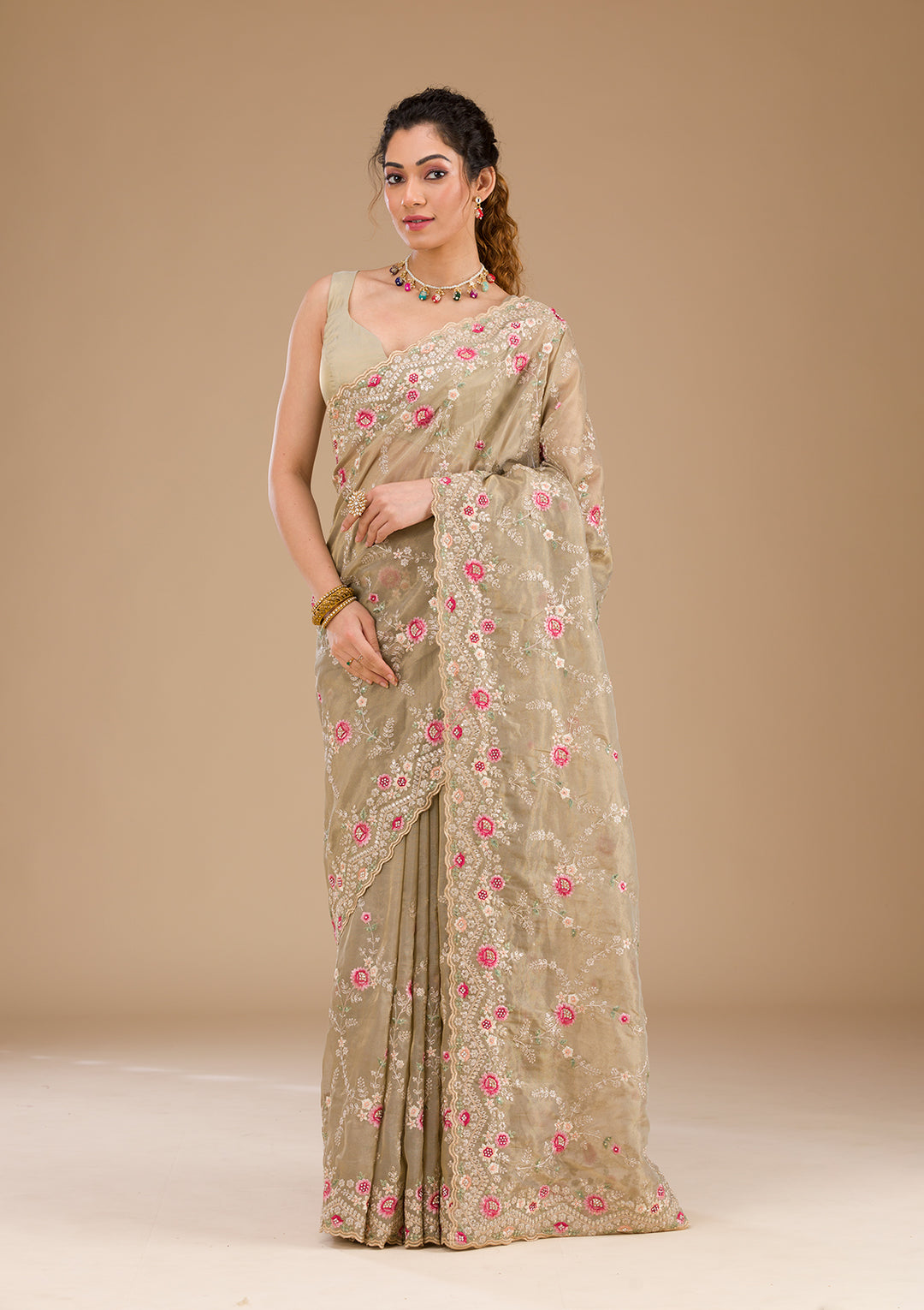 Pista Green Threadwork Tissue Saree