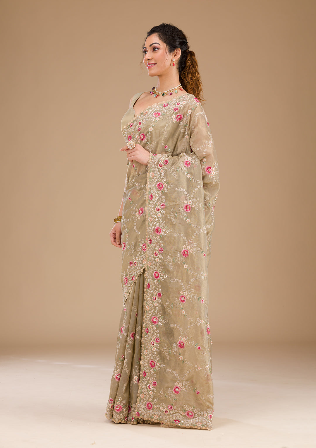 Pista Green Threadwork Tissue Saree