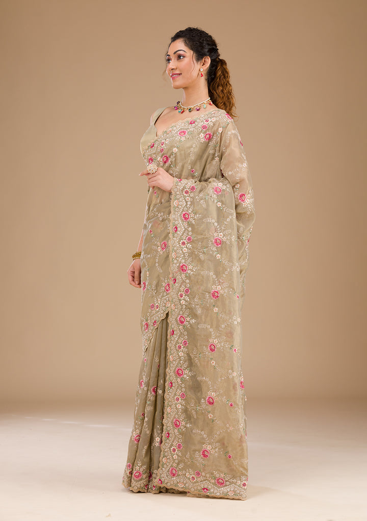 Pista Green Threadwork Tissue Saree