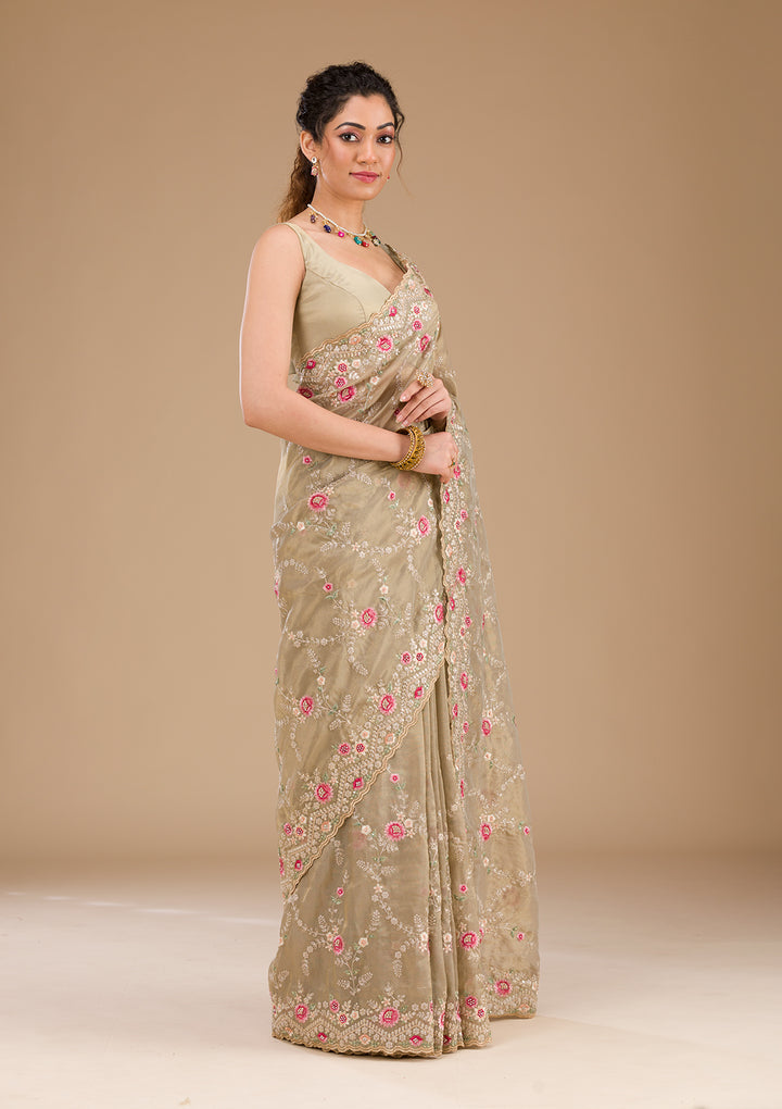 Pista Green Threadwork Tissue Saree