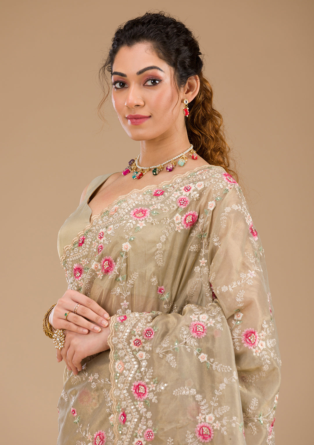 Pista Green Threadwork Tissue Saree