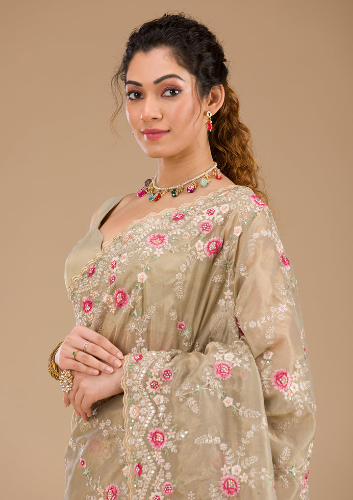 Pista Green Threadwork Tissue Saree