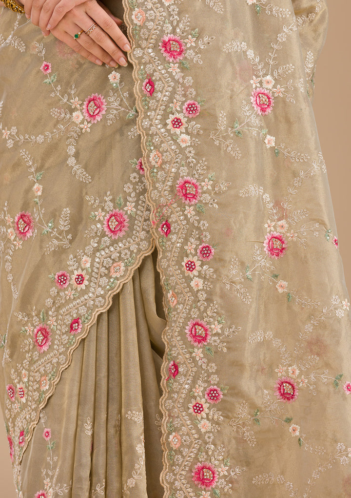 Pista Green Threadwork Tissue Saree