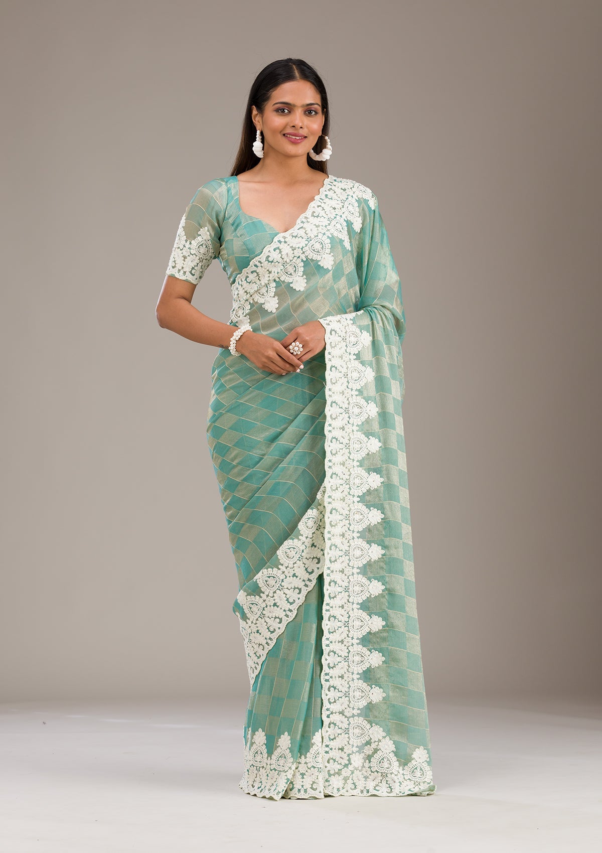 Pista Green Threadwork Tissue Saree-Koskii