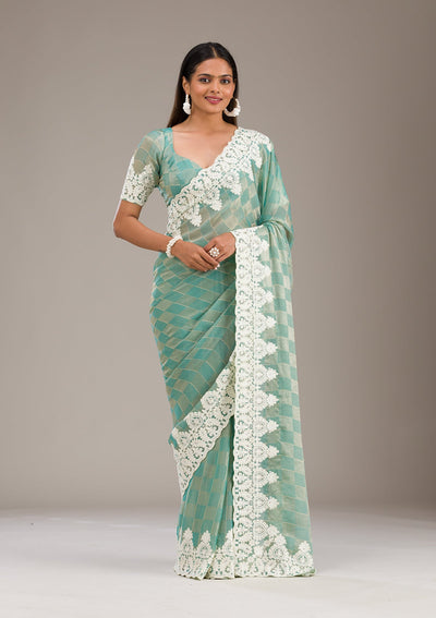 Pista Green Threadwork Tissue Saree-Koskii