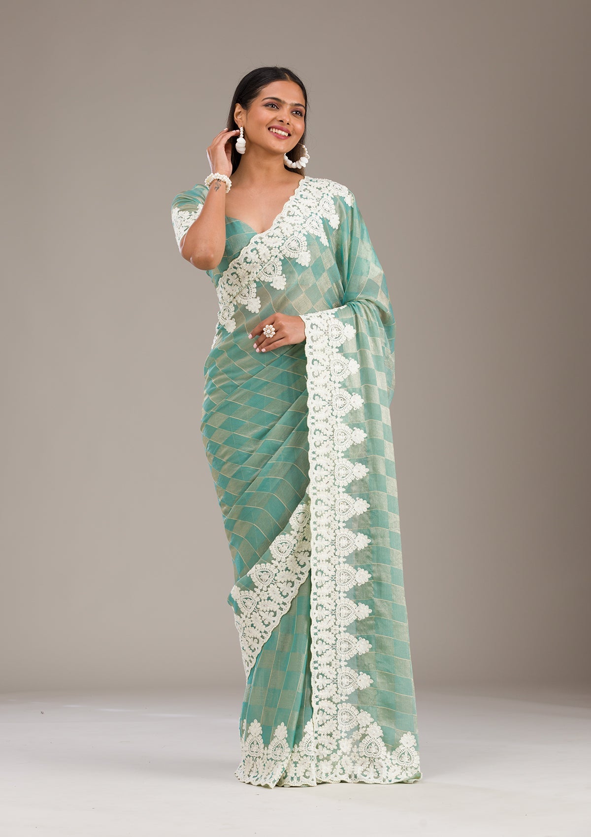 Pista Green Threadwork Tissue Saree-Koskii