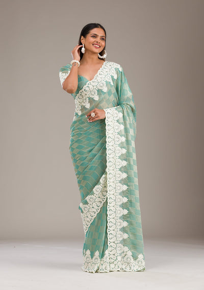 Pista Green Threadwork Tissue Saree-Koskii