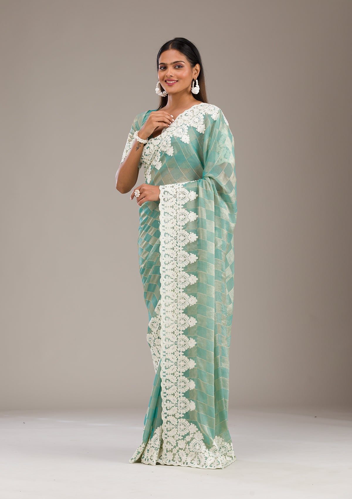 Pista Green Threadwork Tissue Saree-Koskii