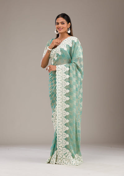 Pista Green Threadwork Tissue Saree-Koskii