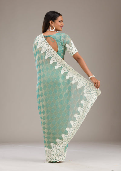 Pista Green Threadwork Tissue Saree-Koskii