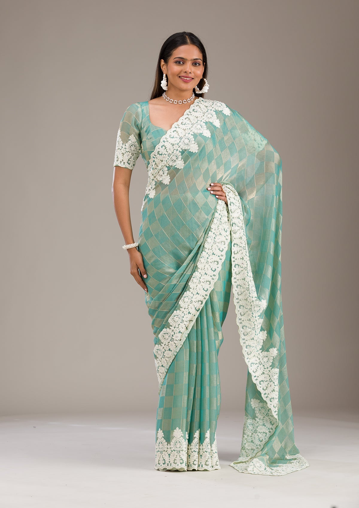 Pista Green Threadwork Tissue Saree-Koskii
