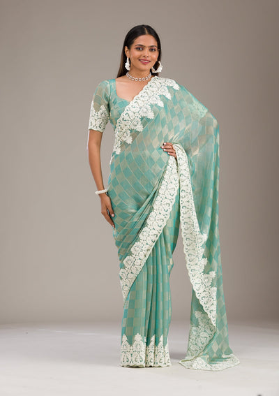 Pista Green Threadwork Tissue Saree-Koskii