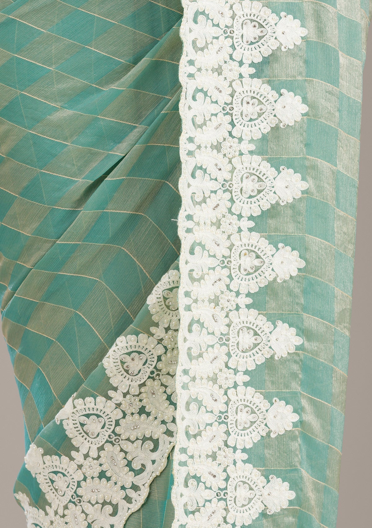 Pista Green Threadwork Tissue Saree-Koskii