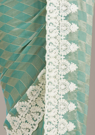 Pista Green Threadwork Tissue Saree-Koskii