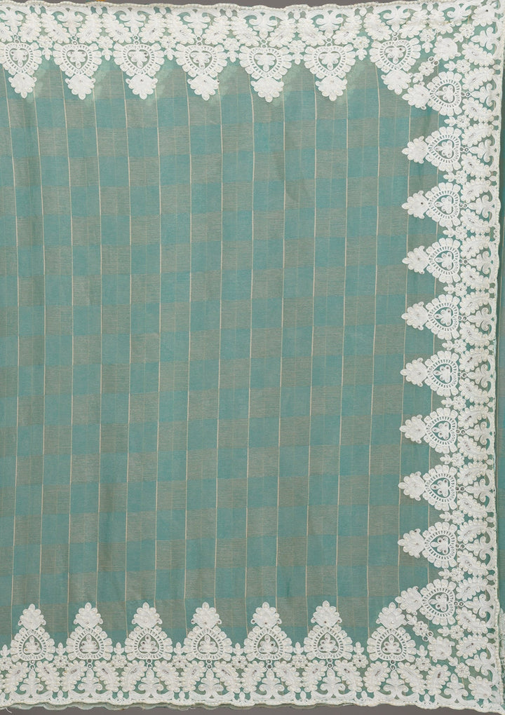 Pista Green Threadwork Tissue Saree-Koskii