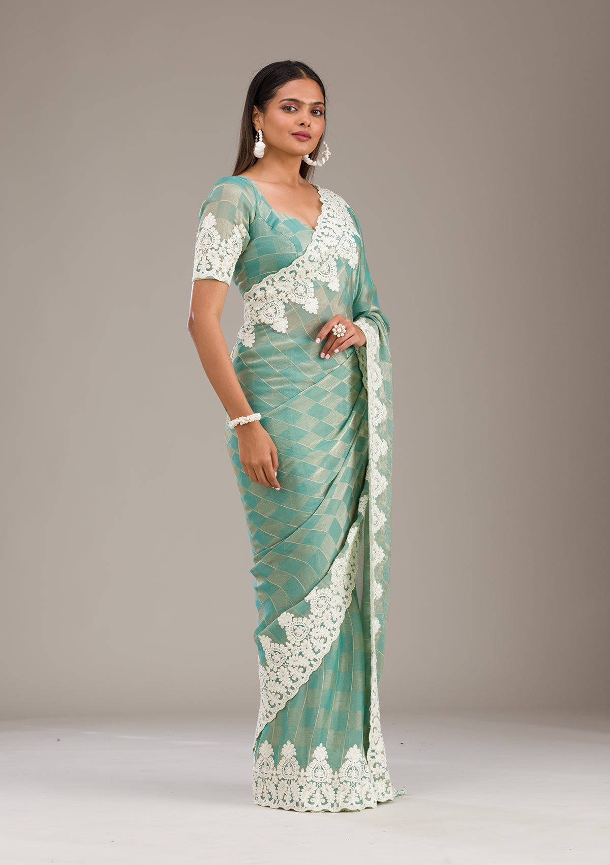 Pista Green Threadwork Tissue Saree-Koskii